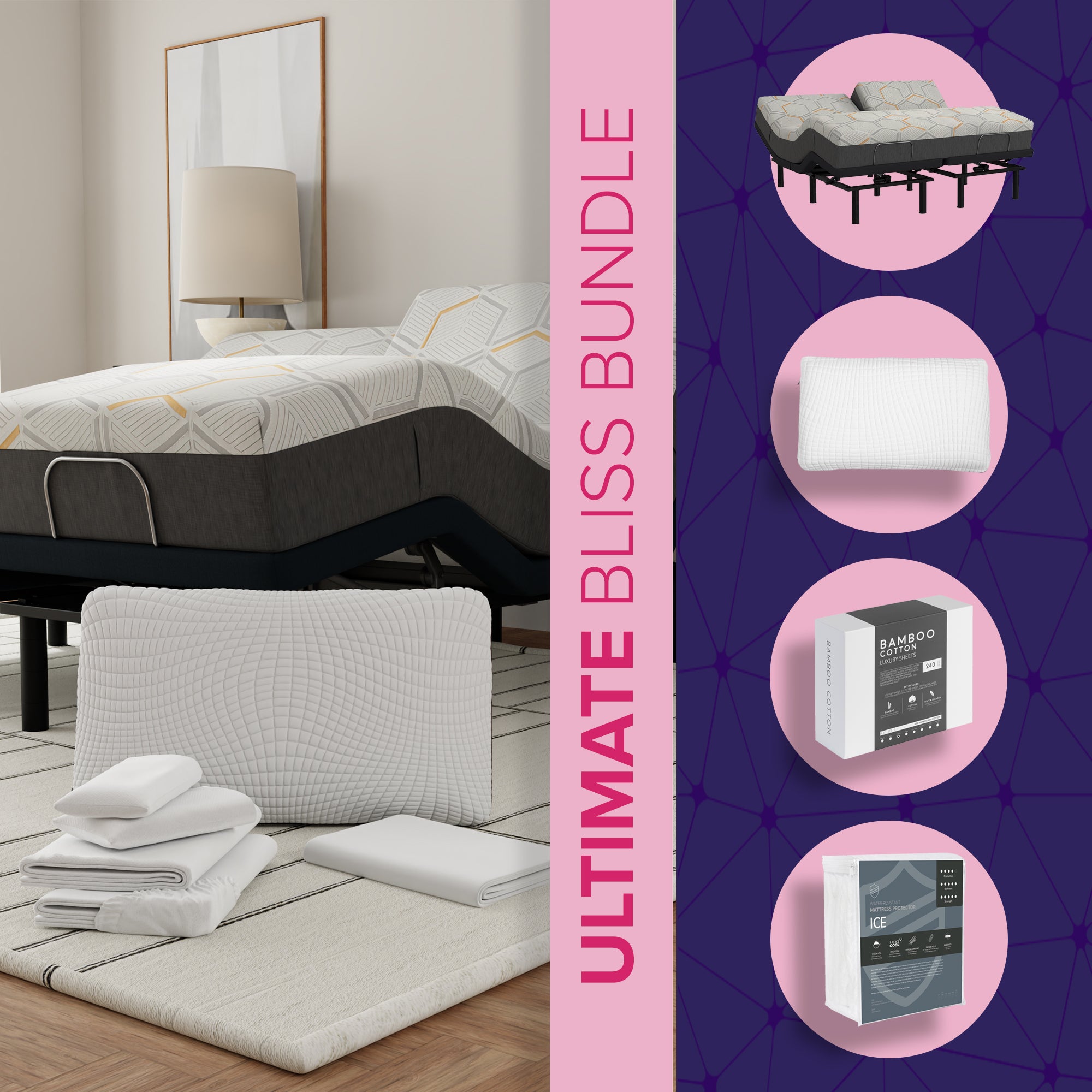 Ultimate Split Head Bundle – 12" Copper Gel Split Head Mattress + B-Well e4 Adjustable Bed + Premium Bedding Set - BlissfulNights.com