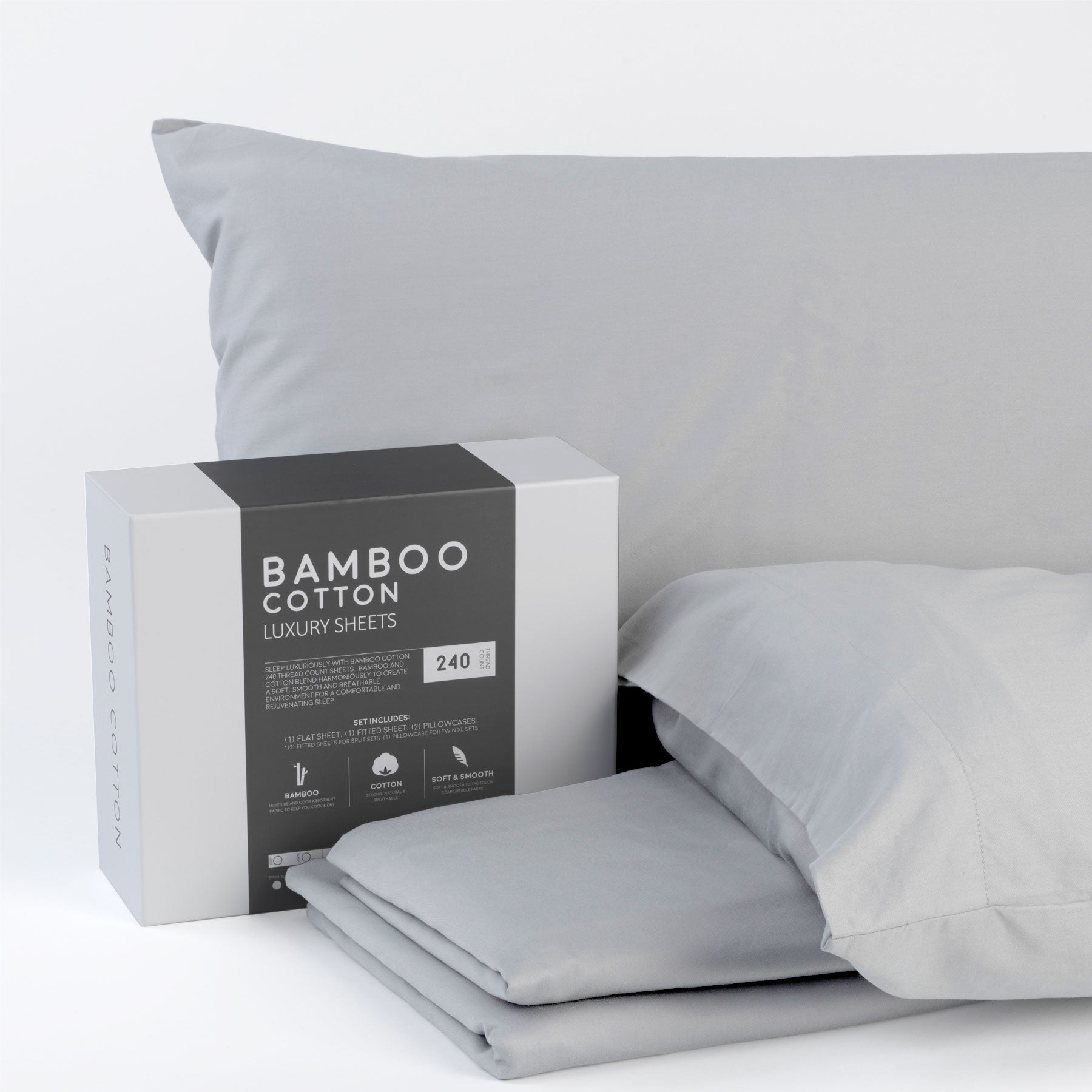 Bamboo Cotton Luxury Sheet Set - Developed to work with Mattress and Adjustable Base Sets - Light Grey - BlissfulNights.com