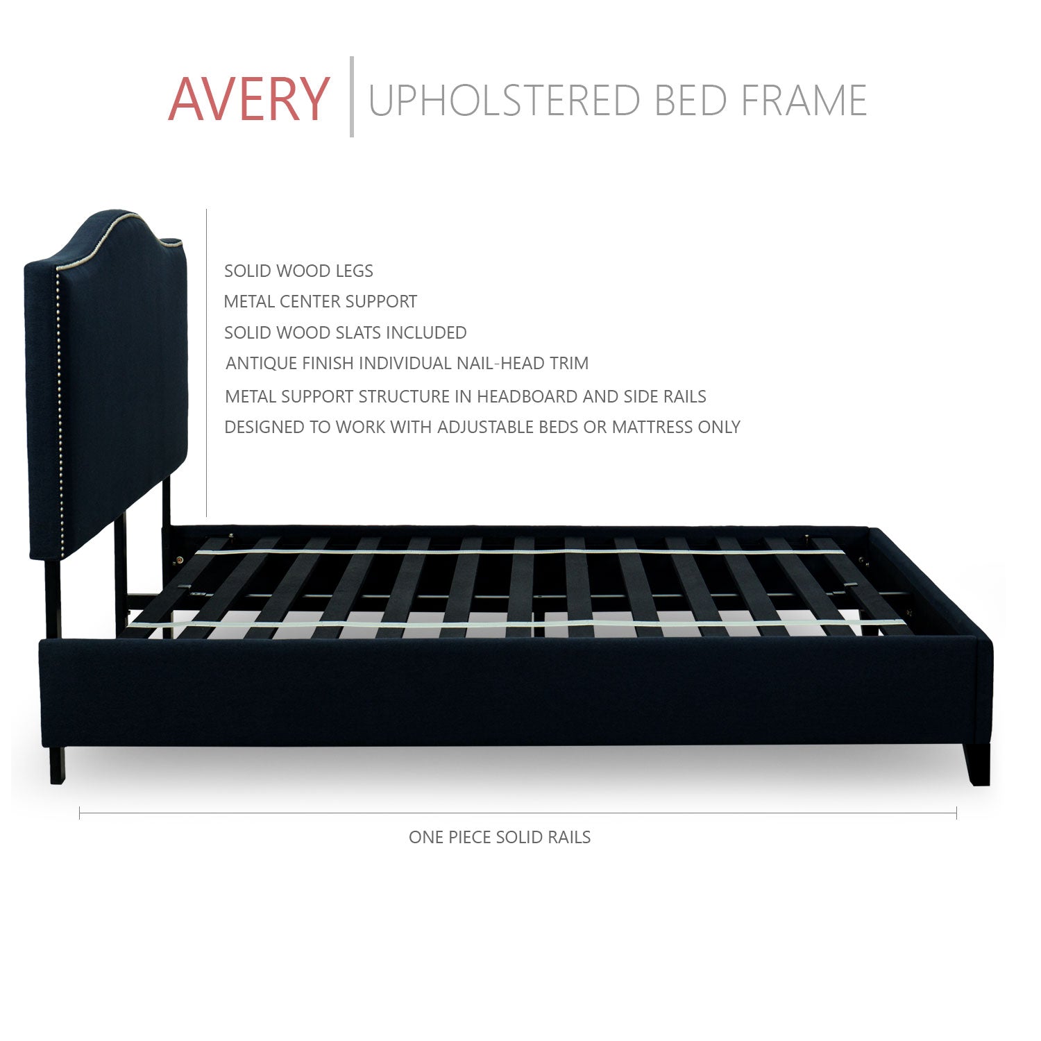 Avery Upholstered Platform Bed, 50" Tall Headboard - Midnight Blue Denim - BlissfulNights.com