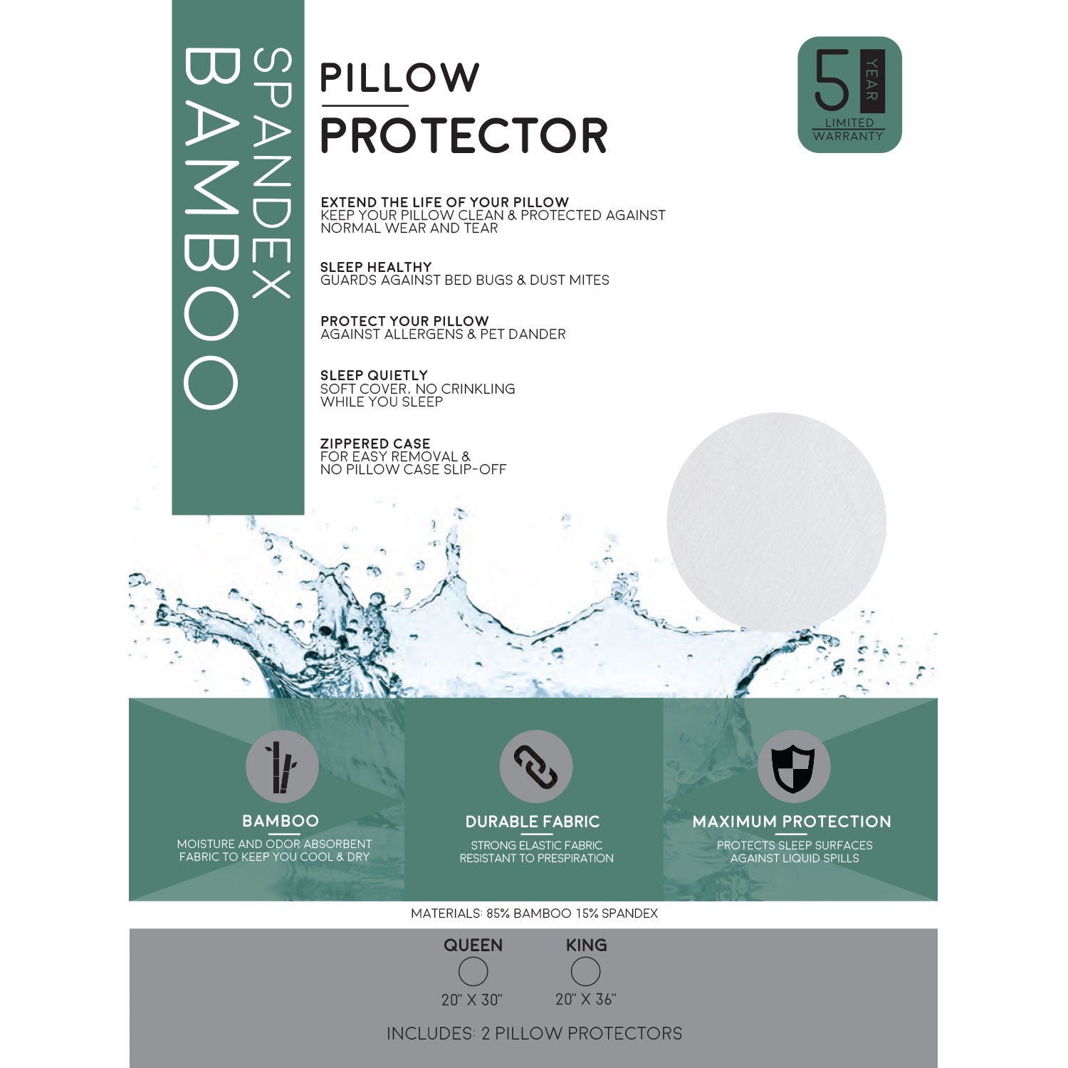 Premium Bamboo Pillow Protector - 100% Waterproof and Hypoallergenic Zipper Washable Cover - BlissfulNights.com