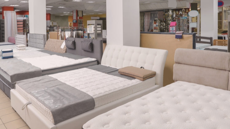 Queen mattress sizes displayed in a mattress showroom