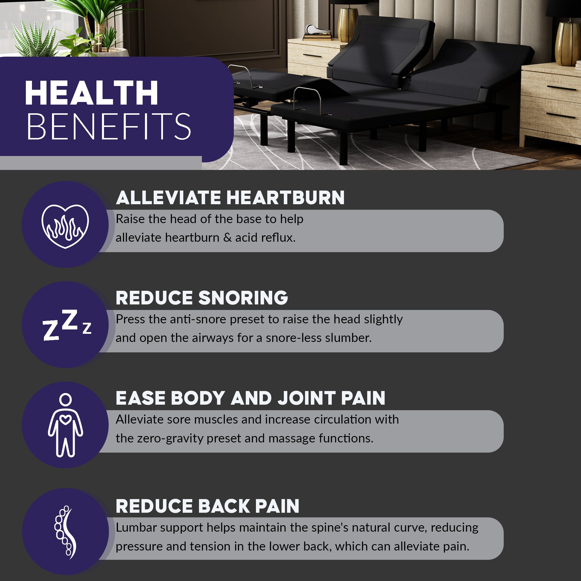 Blissful Nights e7 Lumbar Adjustable Base - Massage, Pillow Tilt, Nightlight with Sensor, Charging Ports & More - BlissfulNights.com