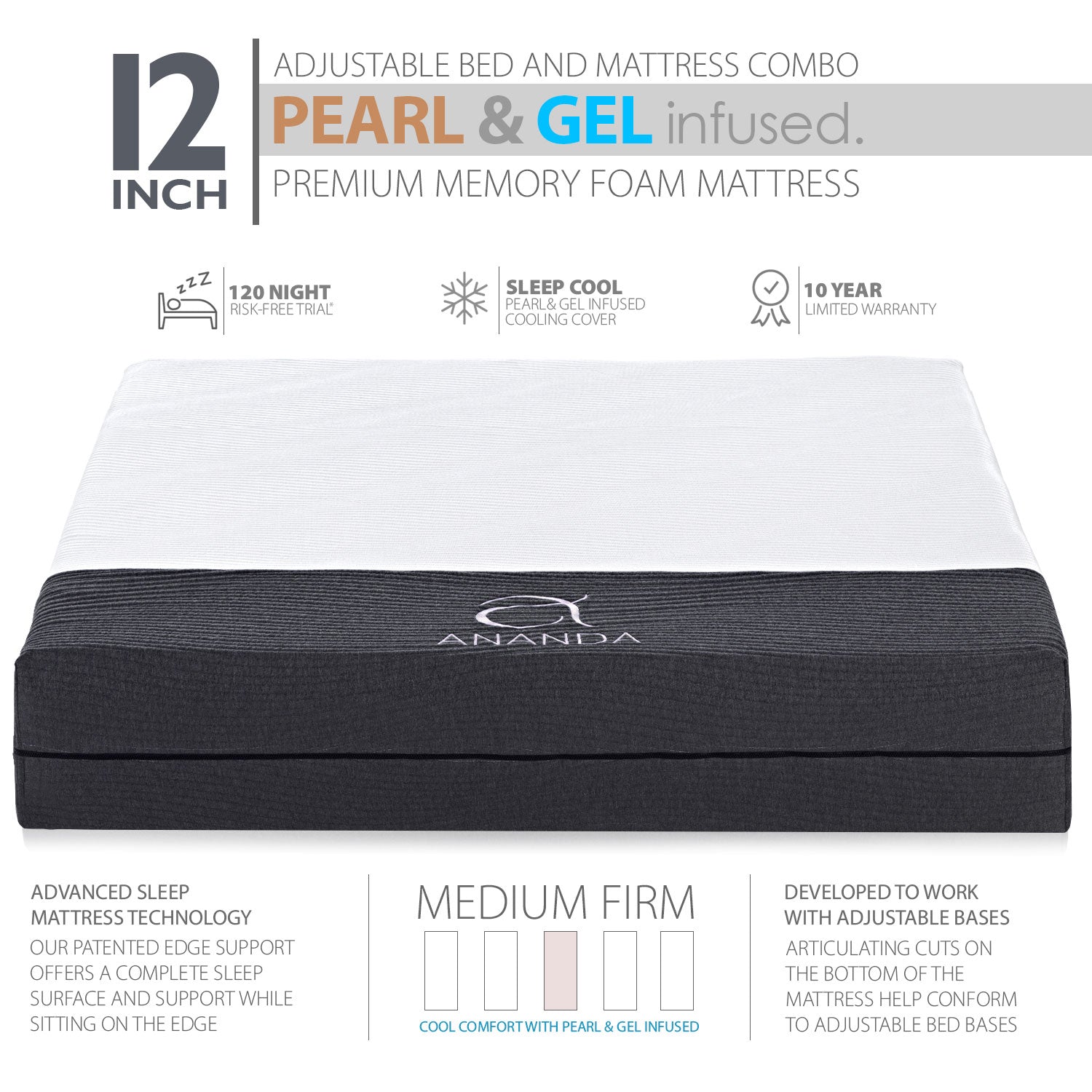 Ananda Sleep Medium Firm 12” Pearl & Cool Gel Infused Memory Foam Mattress & Adjustable Bed Frame - BlissfulNights.com