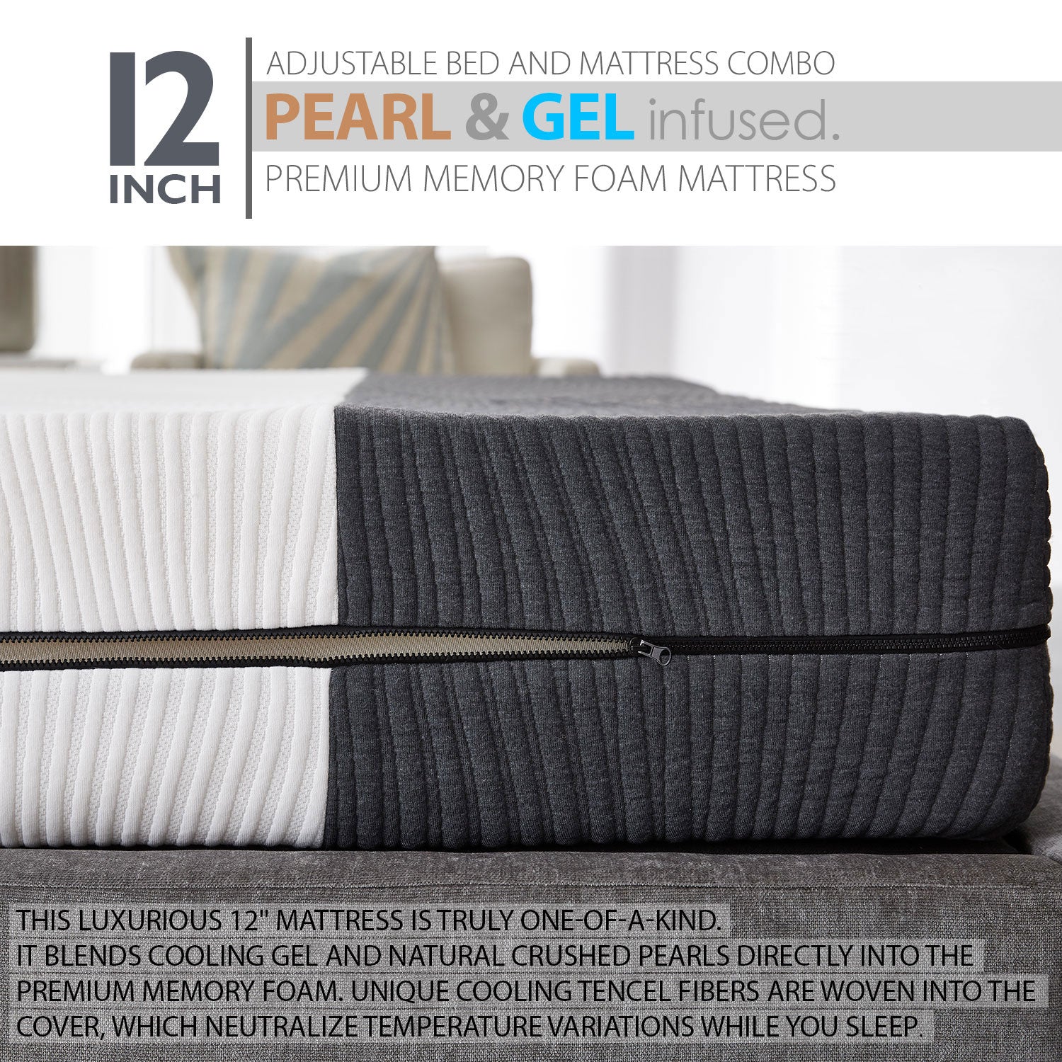 Ananda Sleep Medium Firm 12” Pearl & Cool Gel Infused Memory Foam Mattress & Adjustable Bed Frame - BlissfulNights.com