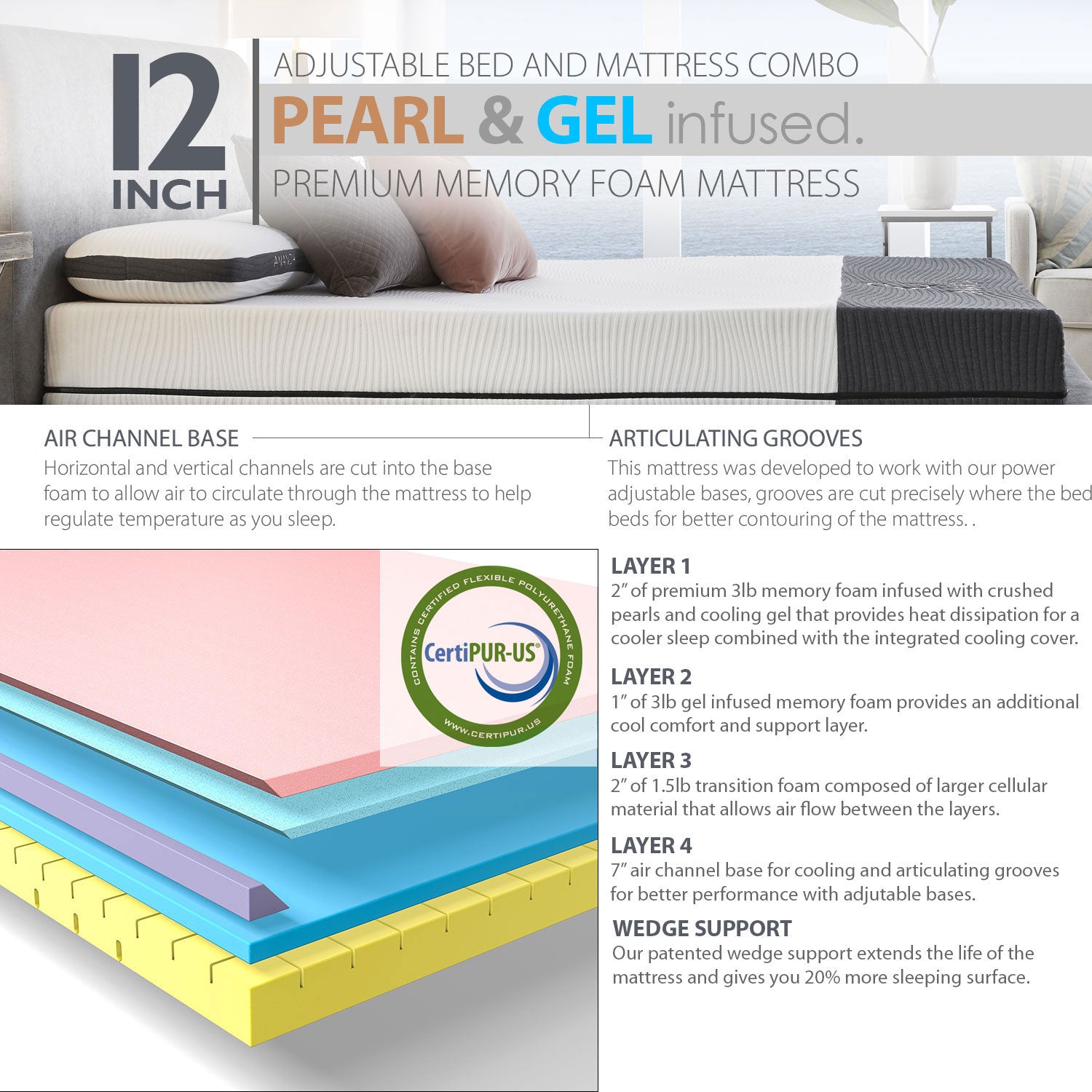 Ananda Sleep Medium Firm 12” Pearl & Cool Gel Infused Memory Foam Mattress & Adjustable Bed Frame - BlissfulNights.com