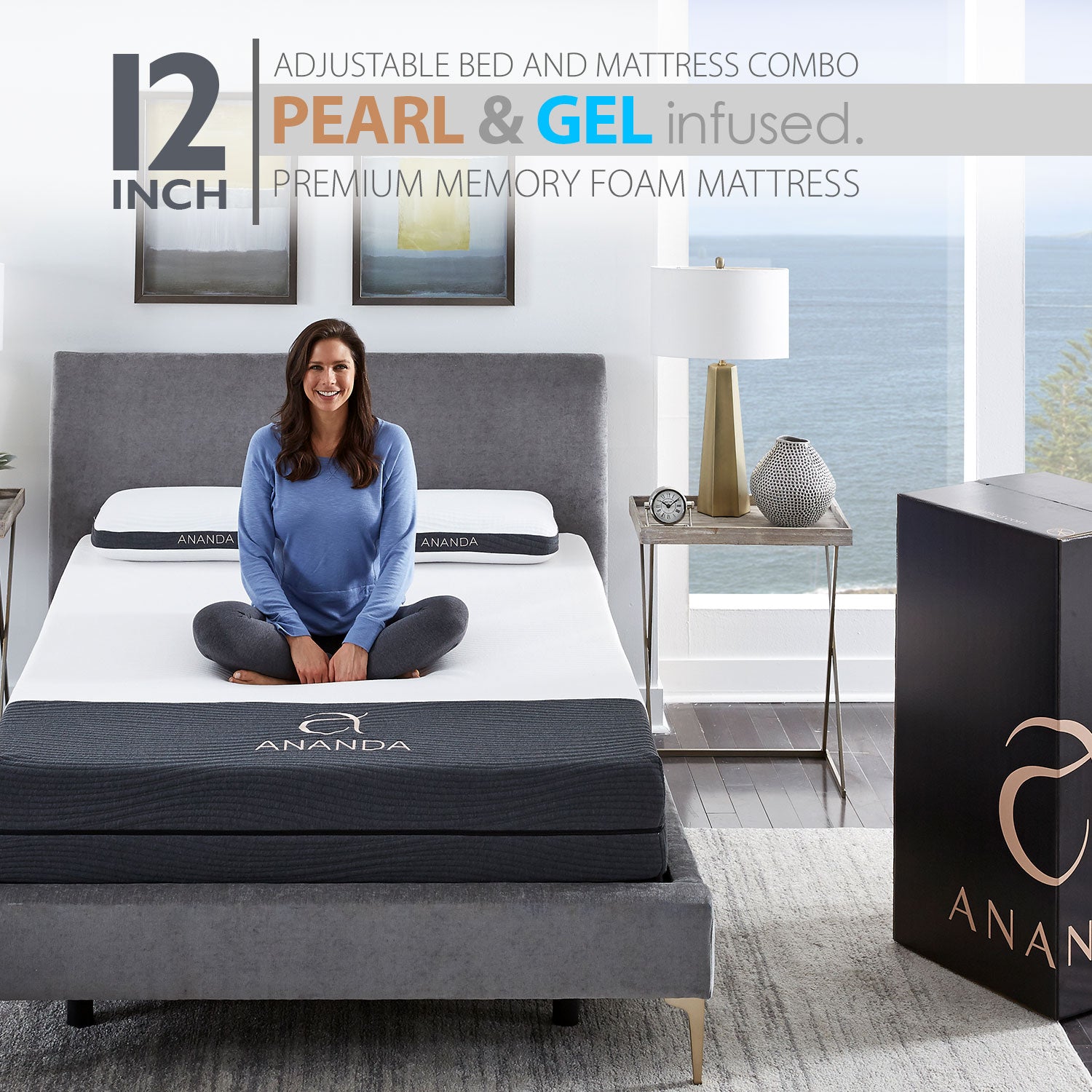 Ananda Sleep Medium Firm 12” Pearl & Cool Gel Infused Memory Foam Mattress & Adjustable Bed Frame - BlissfulNights.com