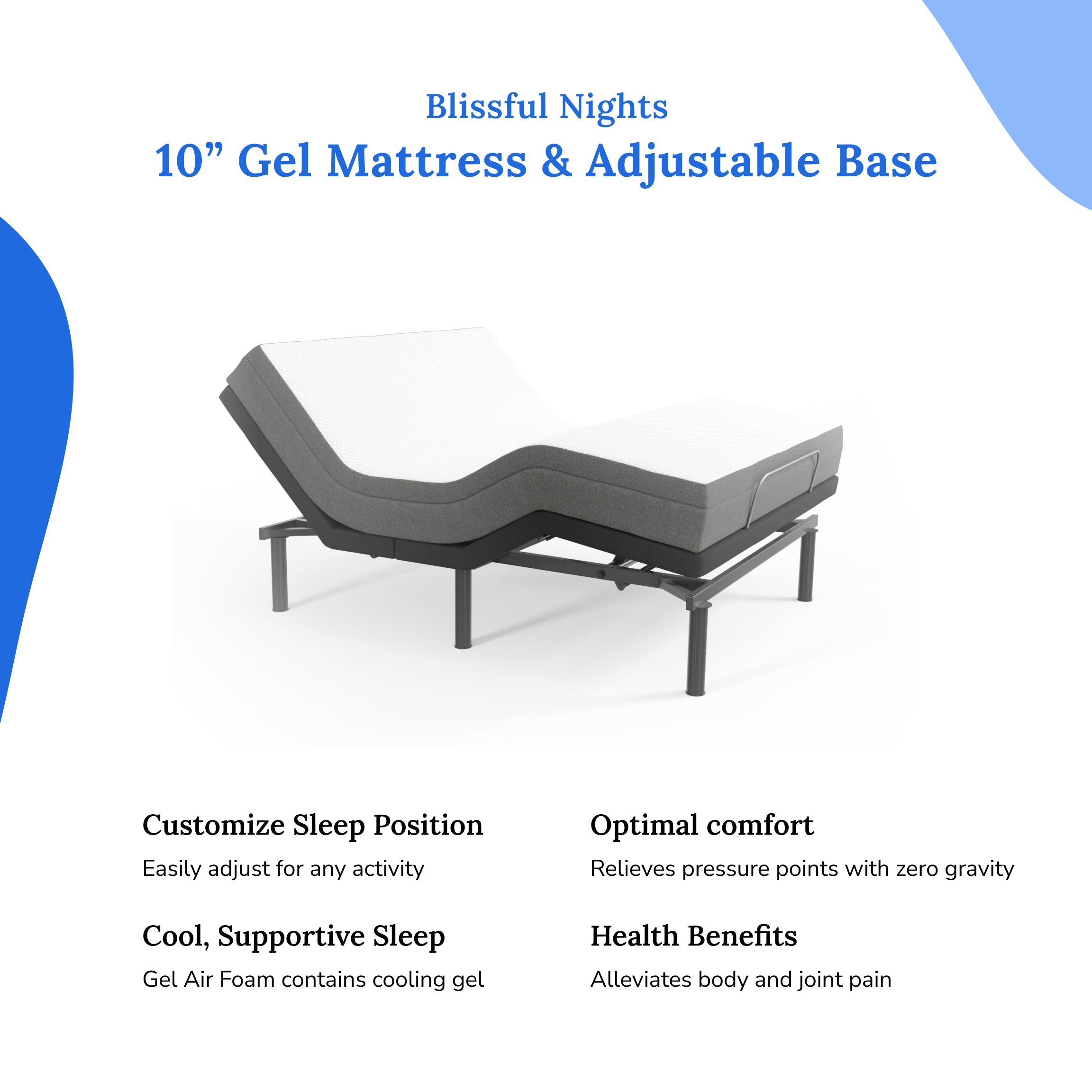 Blissful Nights Sleep System: 10” Cool Gel Memory Foam Mattress, Medium with e2 Adjustable Base - BlissfulNights.com