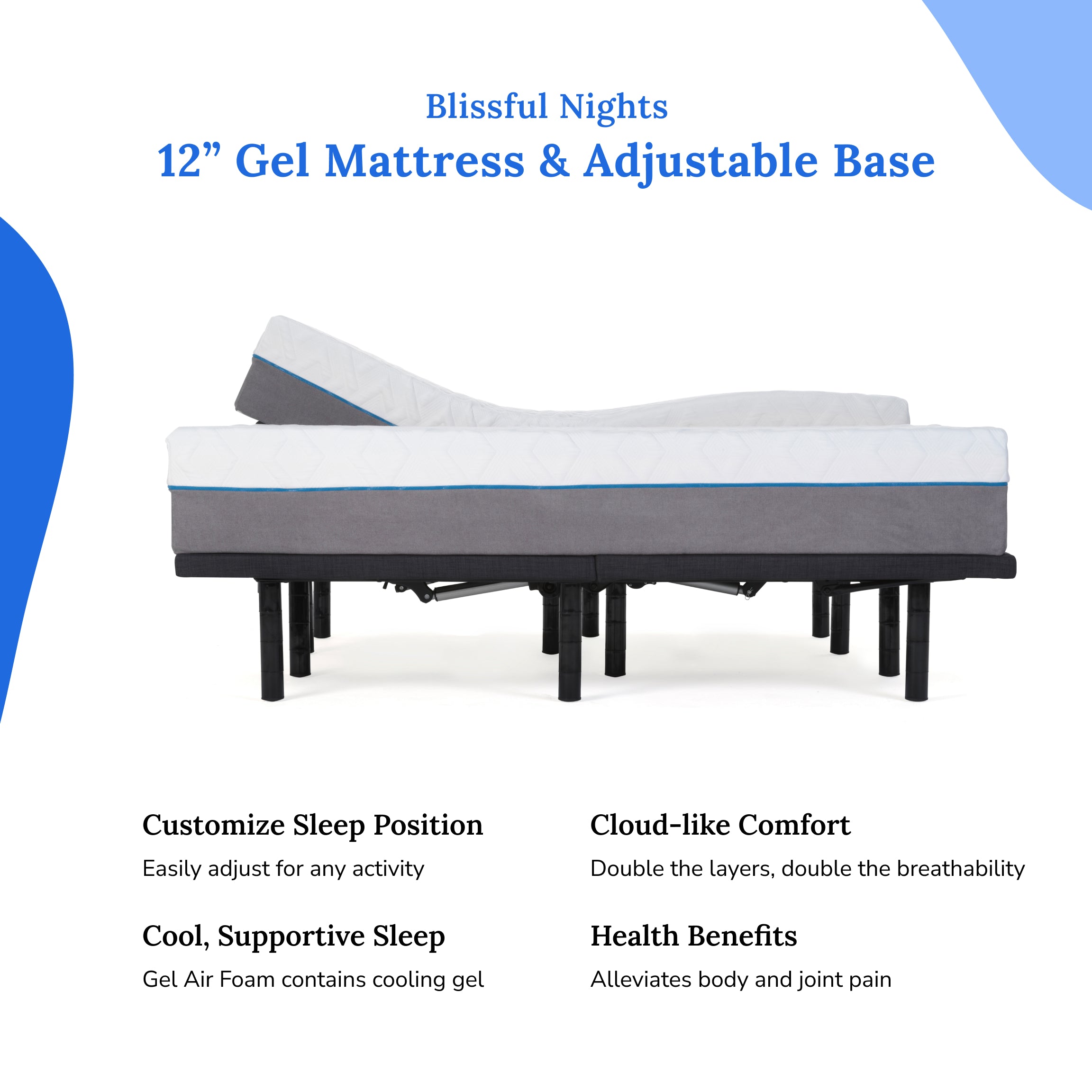 Blissful Nights Sleep System: 12” Premium Cool Gel Infused Memory Foam Mattress, Plush with e4 Premium Adjustable Base - BlissfulNights.com