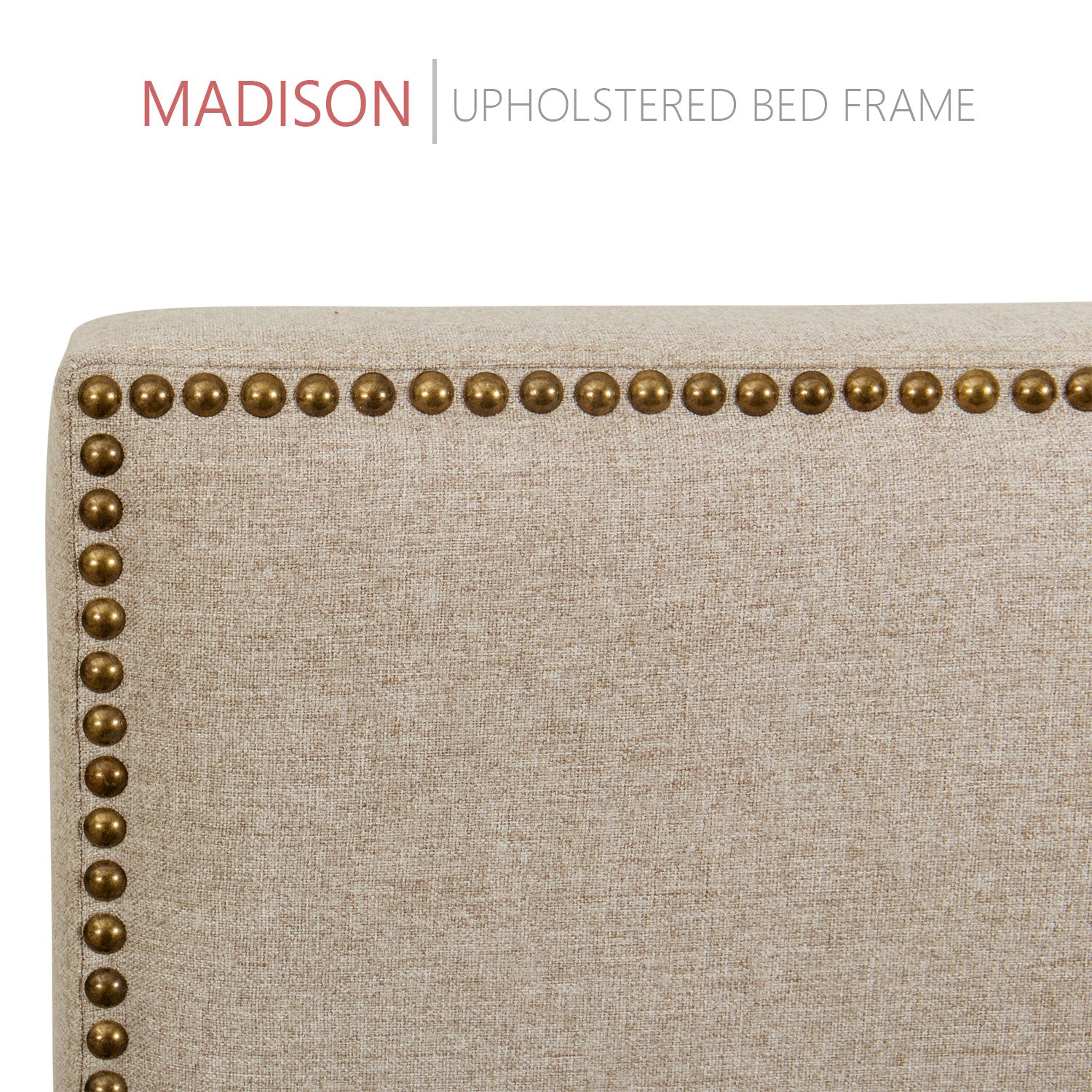 Madison Upholstered Platform Bed, 50" Tall Headboard - Beige Fabric - BlissfulNights.com