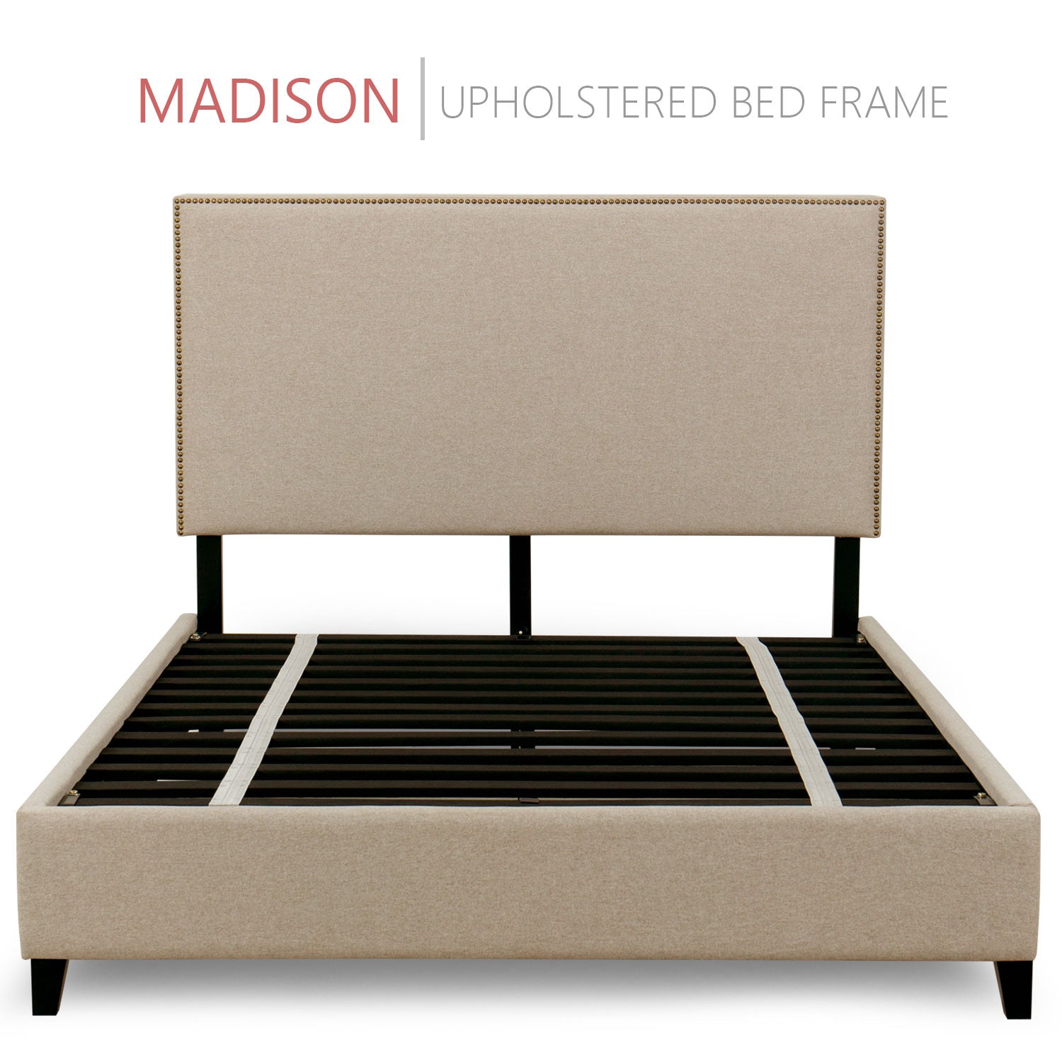 Madison Upholstered Platform Bed, 50" Tall Headboard - Beige Fabric - BlissfulNights.com