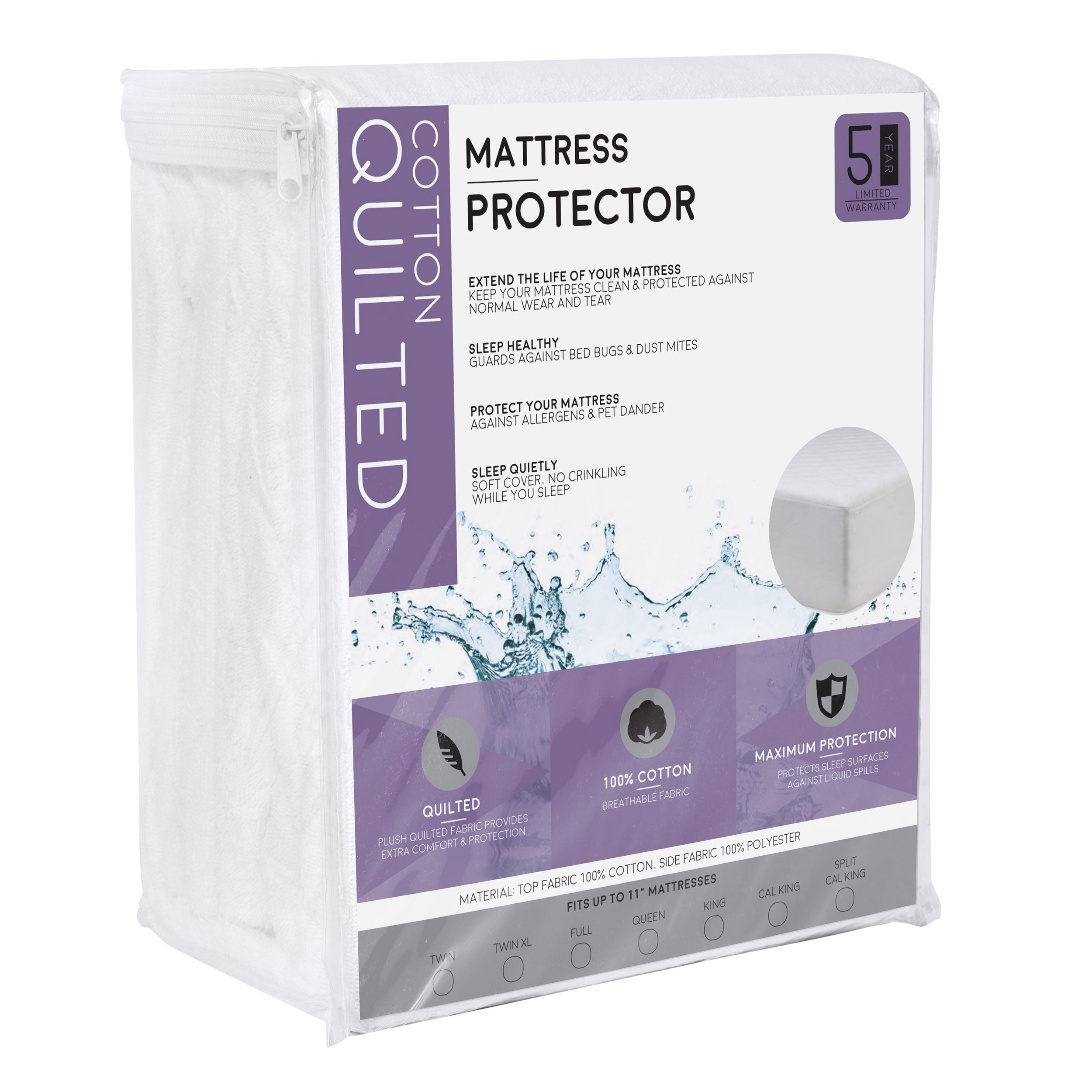 Fitted Quilted 100% Cotton Mattress Protector - 100% Waterproof and Hypoallergenic - BlissfulNights.com