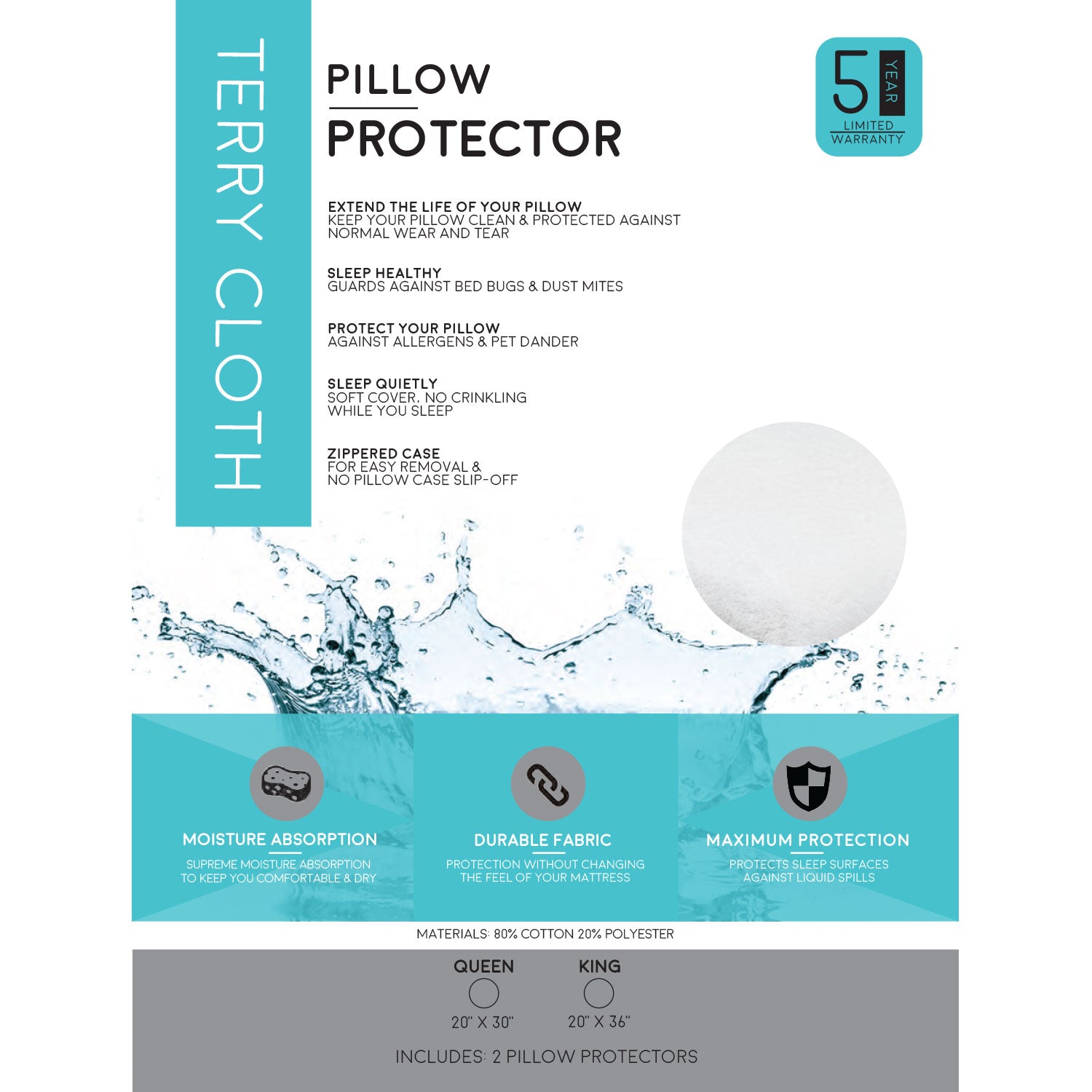 Soft Terry Cloth Pillow Protector - 100% Waterproof and Hypoallergenic Zipper Washable Cover - BlissfulNights.com